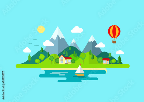 Travel mountains island landscape and sailing color flat concept