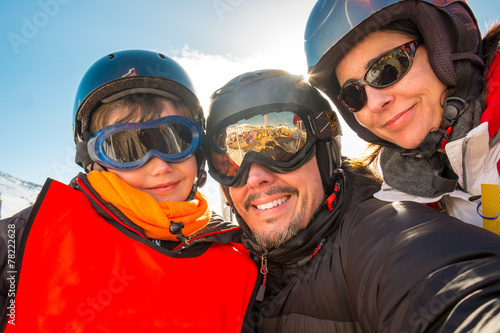 Selfie family winter vacations, skiers, snow