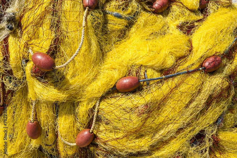 Yellow fishing net in Greece - obrazy, fototapety, plakaty 
