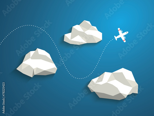 Plane and low polygonal clouds on blue sky. Infographics or