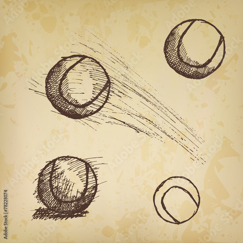 Tennis ball sketch set isolated on old paper