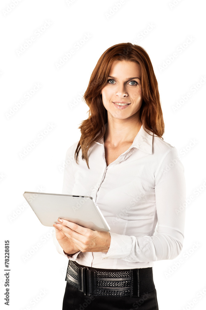 business woman with tablet on white background business woman with tablet on white background