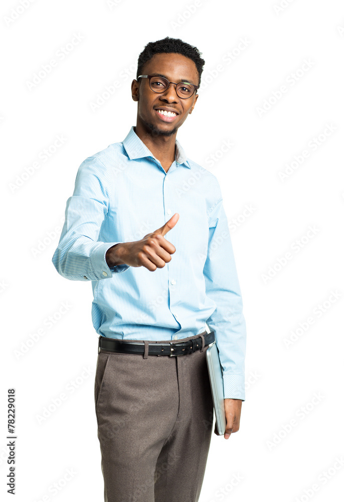 Happy african american college student standing with laptop and Happy african american college student standing with laptop and