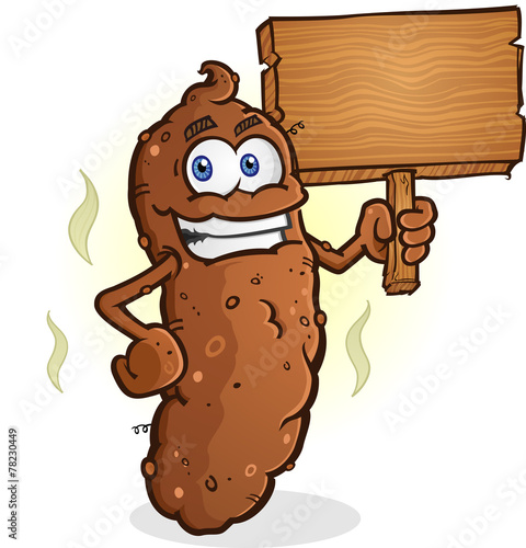Poop Cartoon Character Holding a Blank Wooden Sign