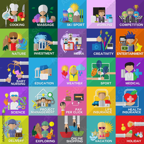 Flat Icons Set For: Web, Investment, Health, Sport, Vacation, Baby Nursing, Spa, Project Management, Creativity, Media - Vector Illustration,Graphic Design