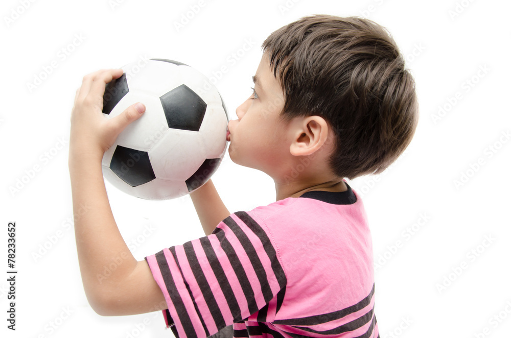 Little boy holding football on white background Little boy holding football on white background