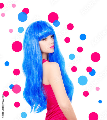 Portrait of beautiful woman in blue wig