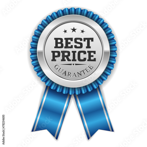 Silver best price badge with blue ribbon on white background