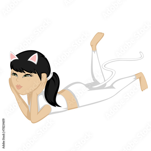 A cute black haired white cat girl is blowing a kiss.