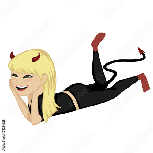 A cute blonde haired devil is smiling at you.