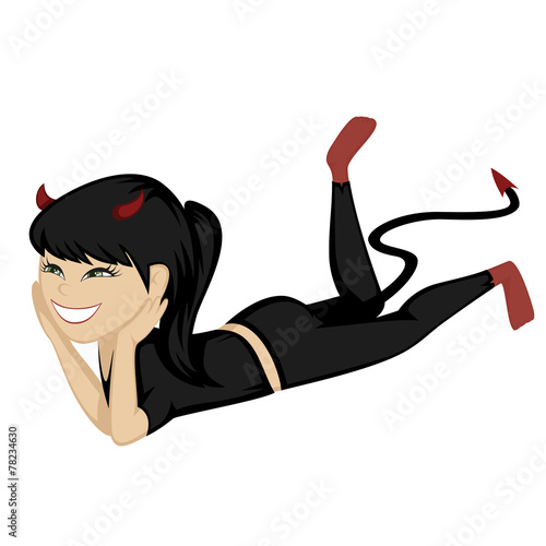 A cute black haired devil is smiling at you.