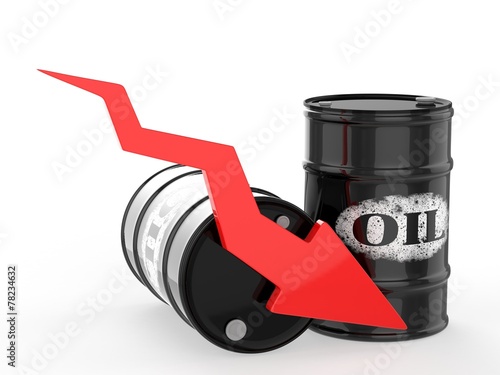 Oil Barrels with Red Arrow down. Financial crisis
