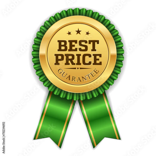 Gold best price badge with green ribbon on white background