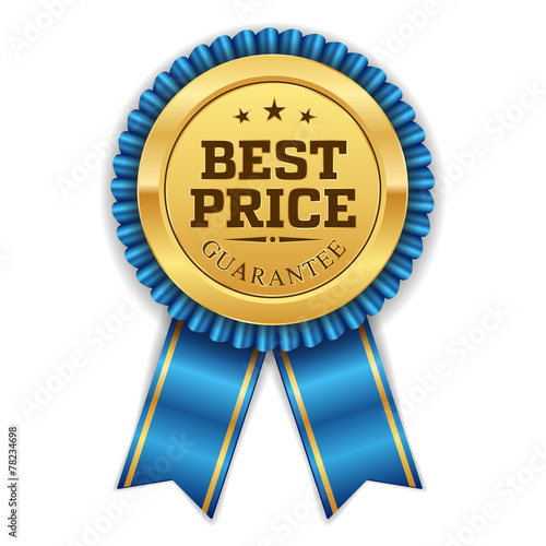 Gold best price badge with blue ribbon on white background