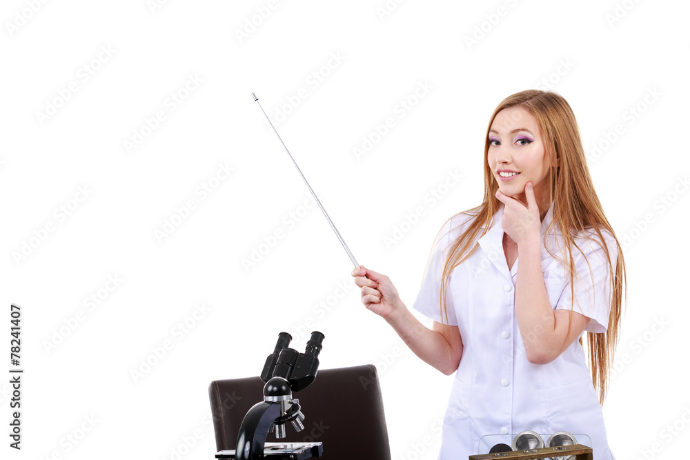 beautiful woman showing something science laboratory