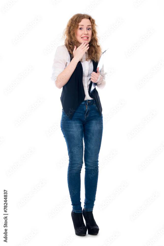 Surprised business woman with a clipboard to record a full-lengt Surprised business woman with a clipboard to record a full-lengt