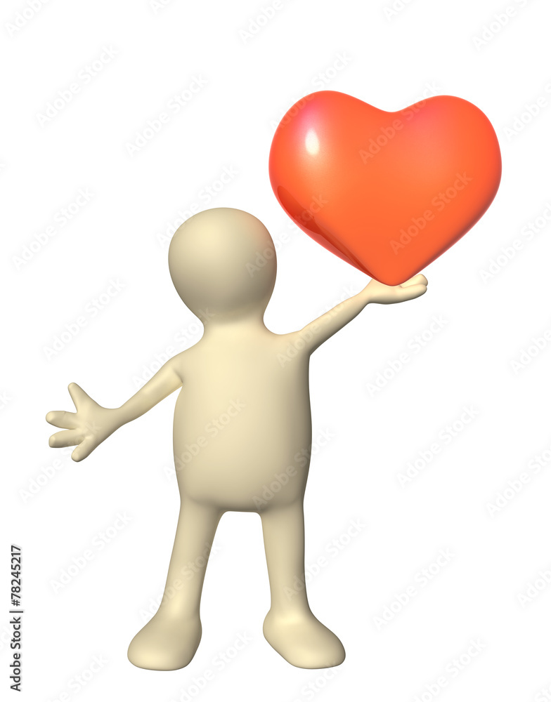 3d puppet, holding in hands red heart 3d puppet, holding in hands red heart