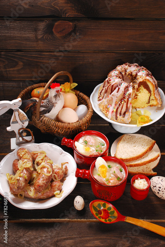 easter traditional dishes on rural wooden table