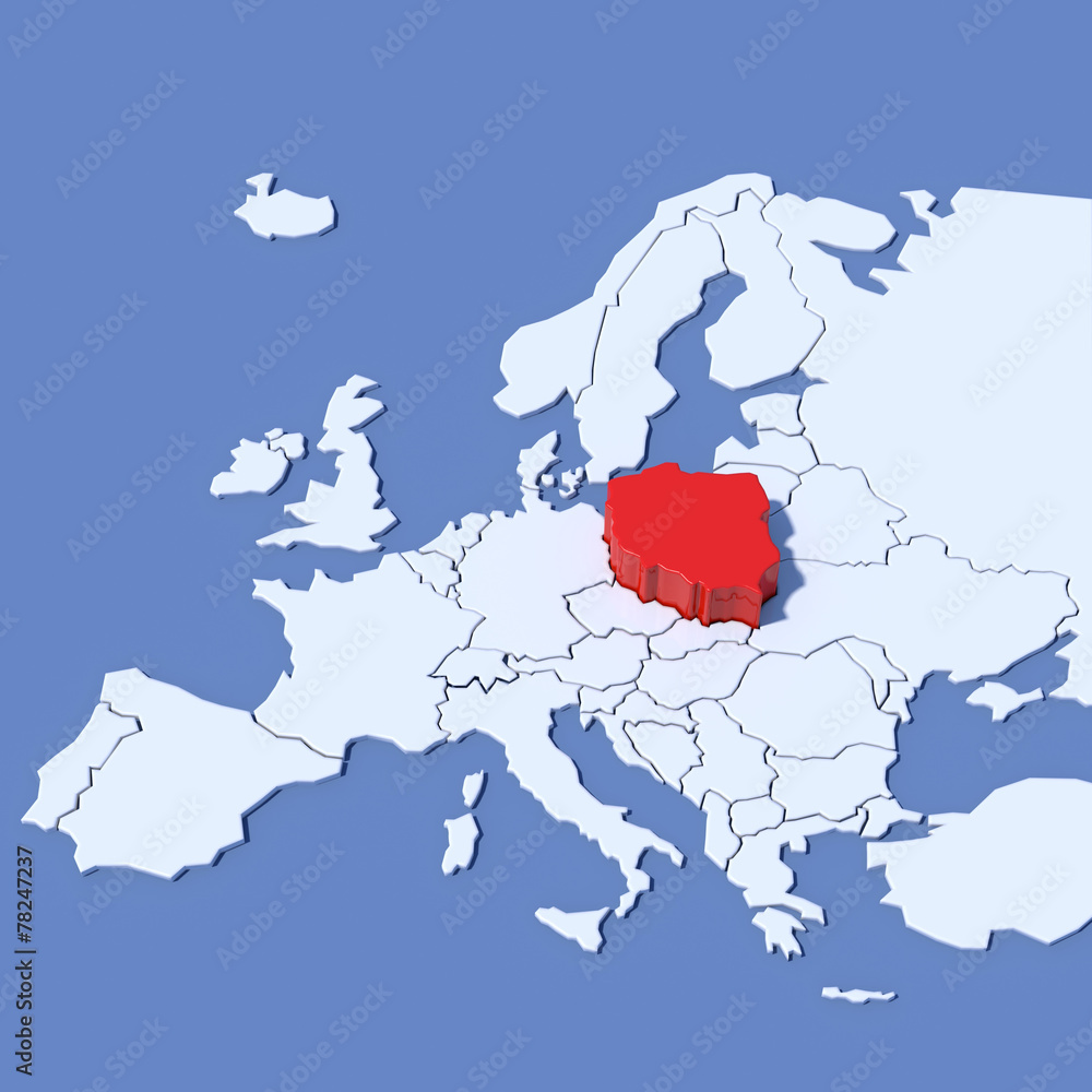 Illustrazione Stock Mappa Europa 3D con indicazione Polonia | Adobe Stock