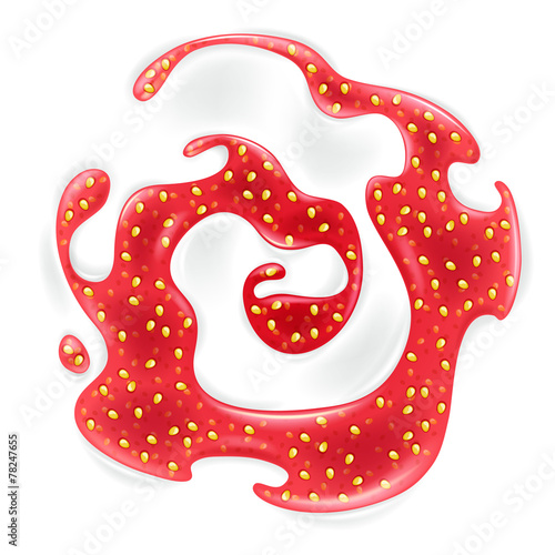 Swirl of strawberry red jam in yogurt.