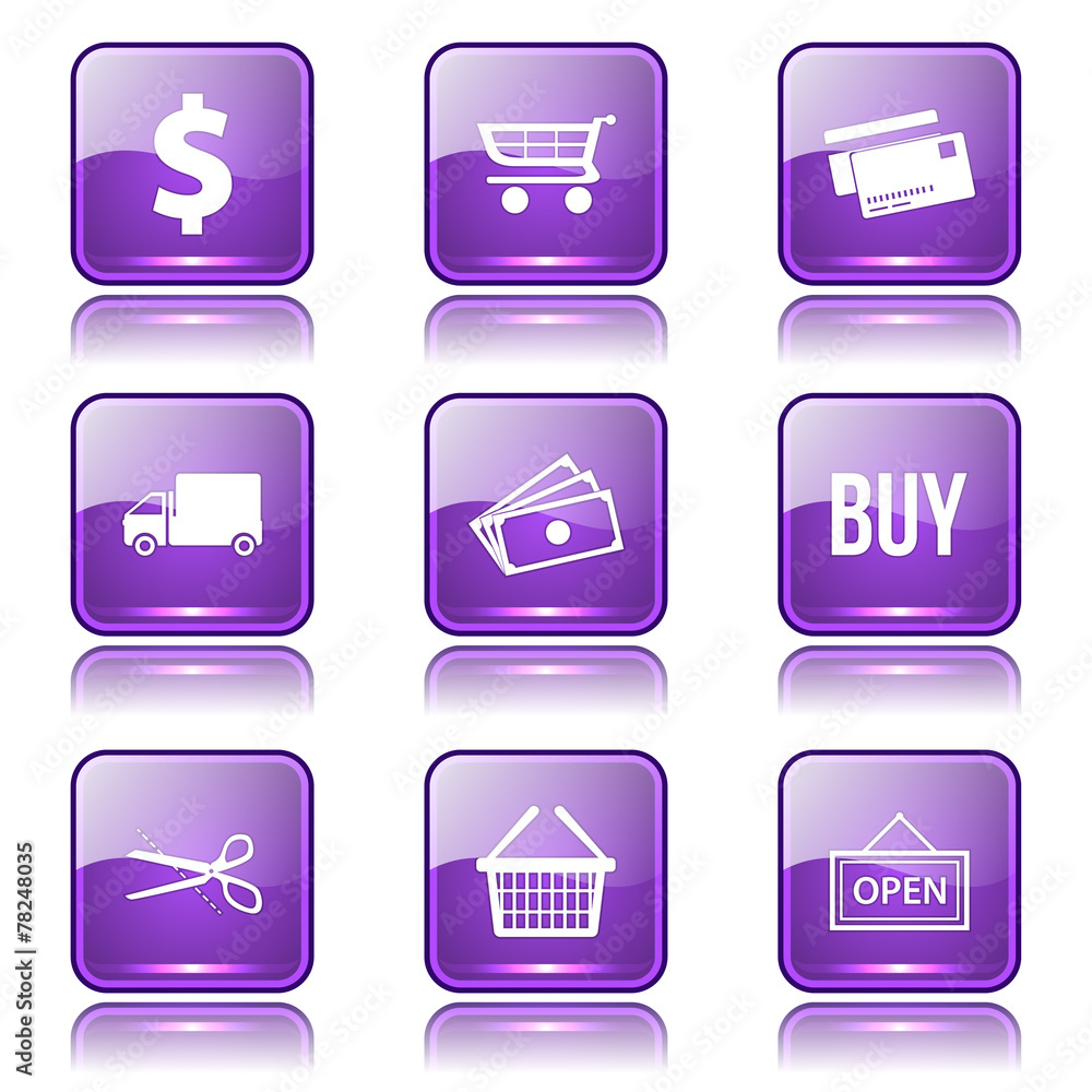 Shopping Sign Square Vector Violet Icon Design Set Shopping Sign Square Vector Violet Icon Design Set