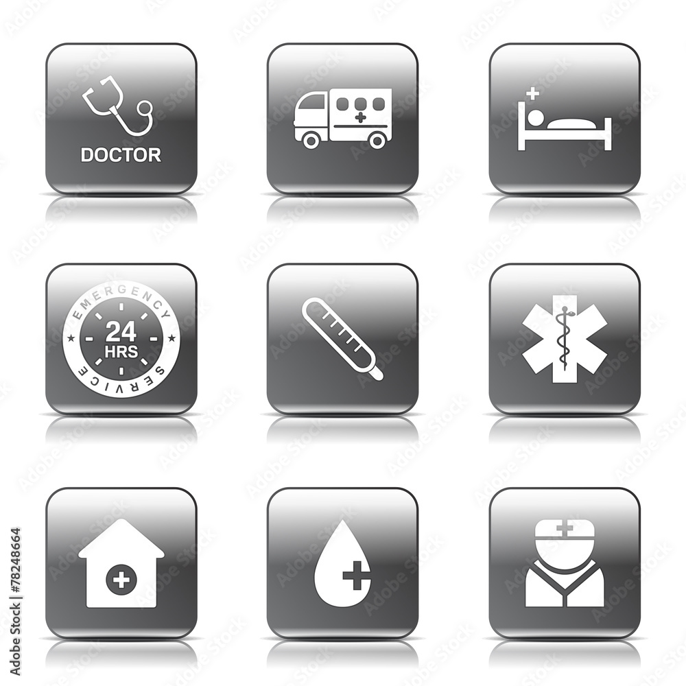Hospital Health Square Vector Black Button Icon Design Set 2