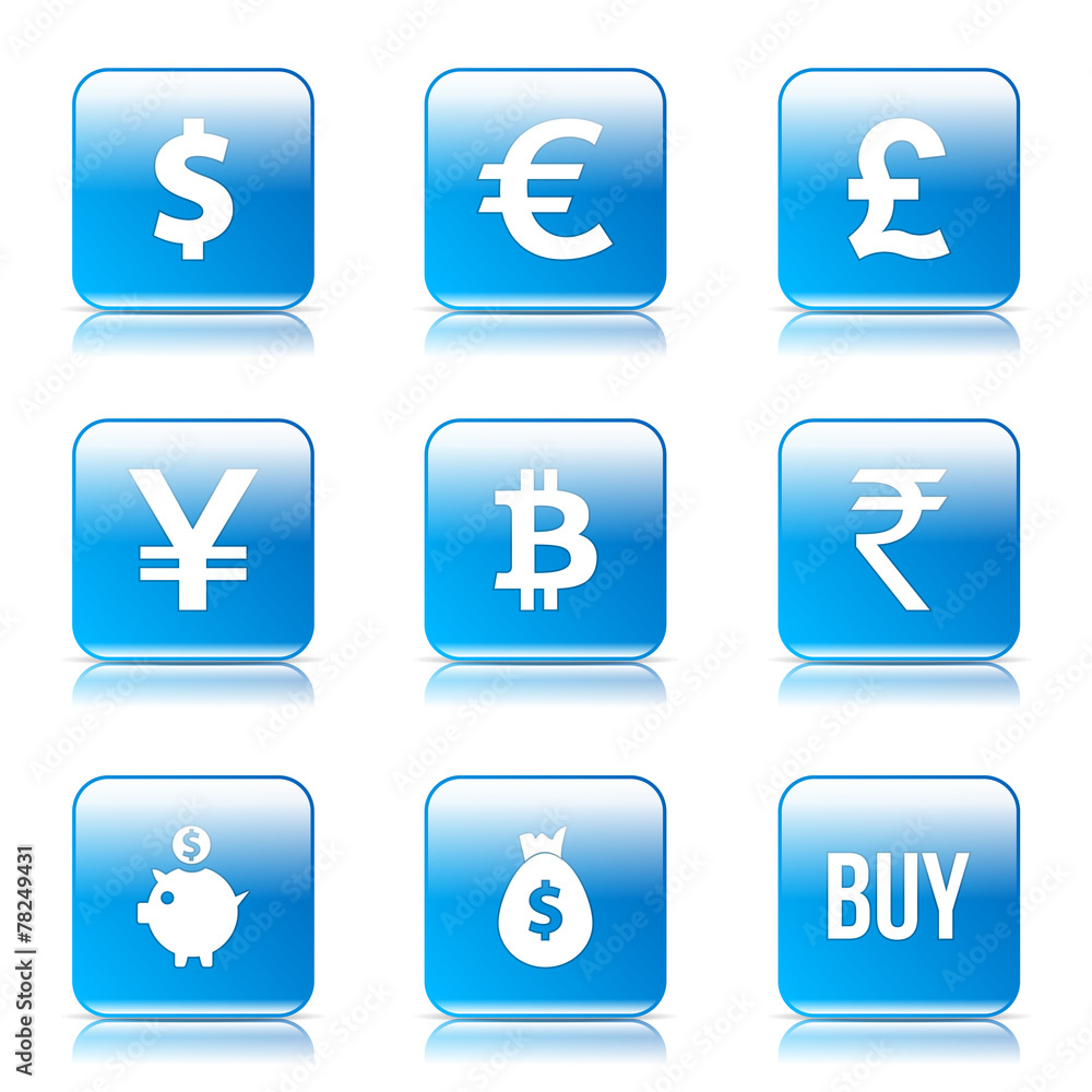 Currency Sign Square Vector Blue Icon Design Set Currency Sign Square Vector Blue Icon Design Set