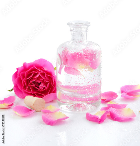 Bottle of essential oil and pink rose isolated on white