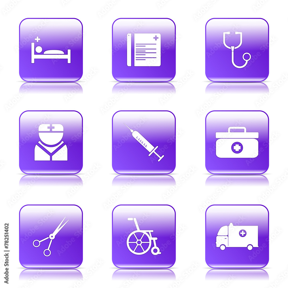 Hospital Health Square Vector Violet Icon Design Set Hospital Health Square Vector Violet Icon Design Set