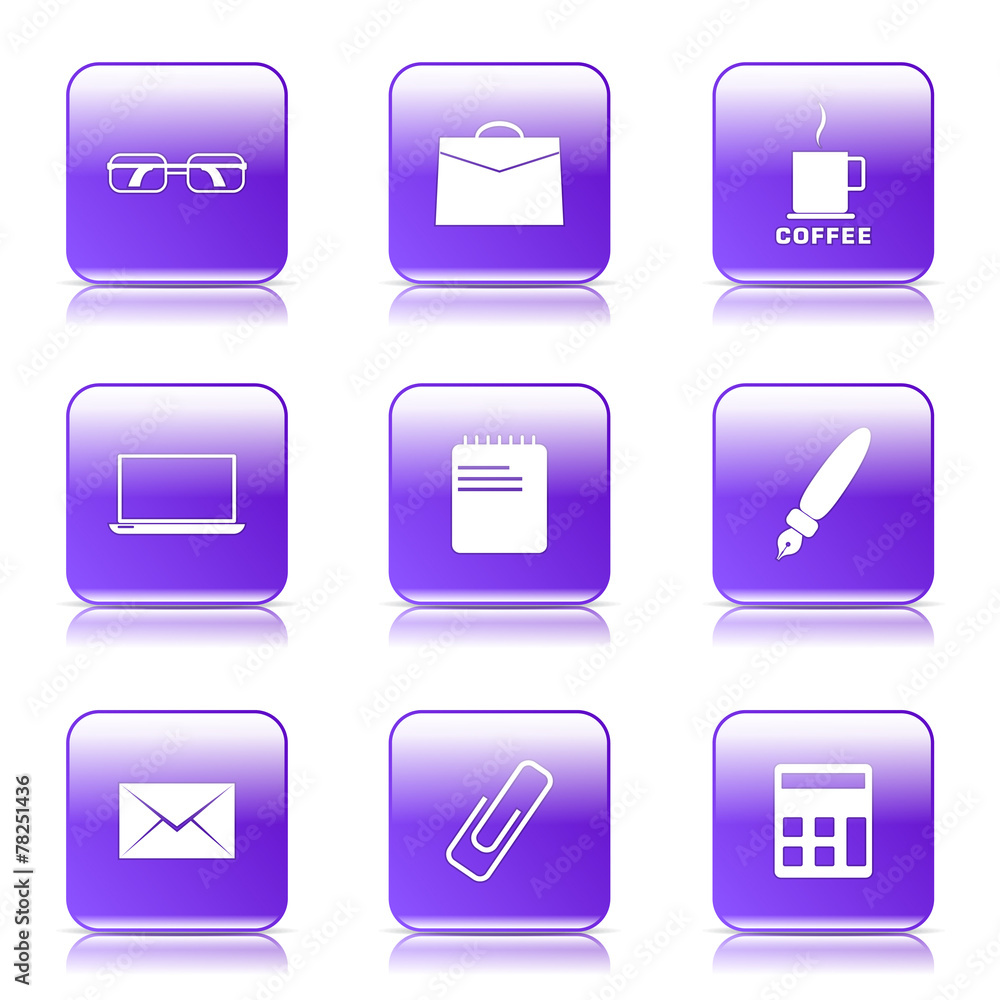 Office Work Square Vector Violet Icon Design Set Office Work Square Vector Violet Icon Design Set