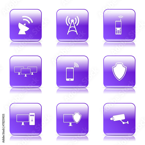 Telecom Communication Square Vector Violet Icon Design Set