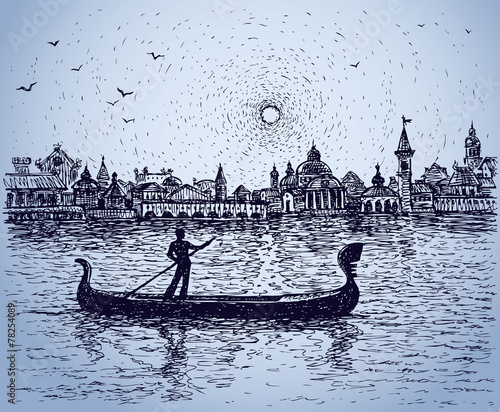 Gondolier floats on gondola. Vector sketch