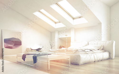 Foto Bedroom with Table Illuminated with Sunlight
