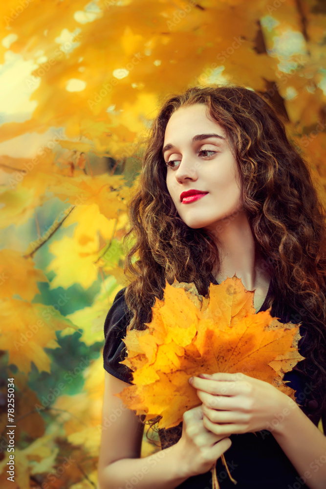 Autumn romantic portrait of beautiful girl with long hair Autumn romantic portrait of beautiful girl with long hair