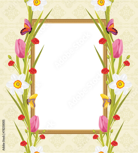 Fototapeta Naklejka Na Ścianę i Meble -  Spring flowers and butterflies in the decorative frame