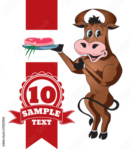 Cartoon cheerful bull with steak