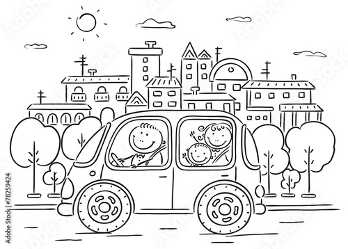 Happy family travelling by car - black and white