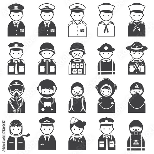 Fotografie Various People Symbol Icons Officer and Uniform Set