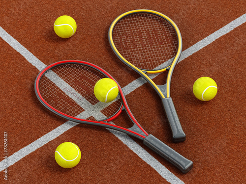 Tennis rackets and ball on hard court © Destina