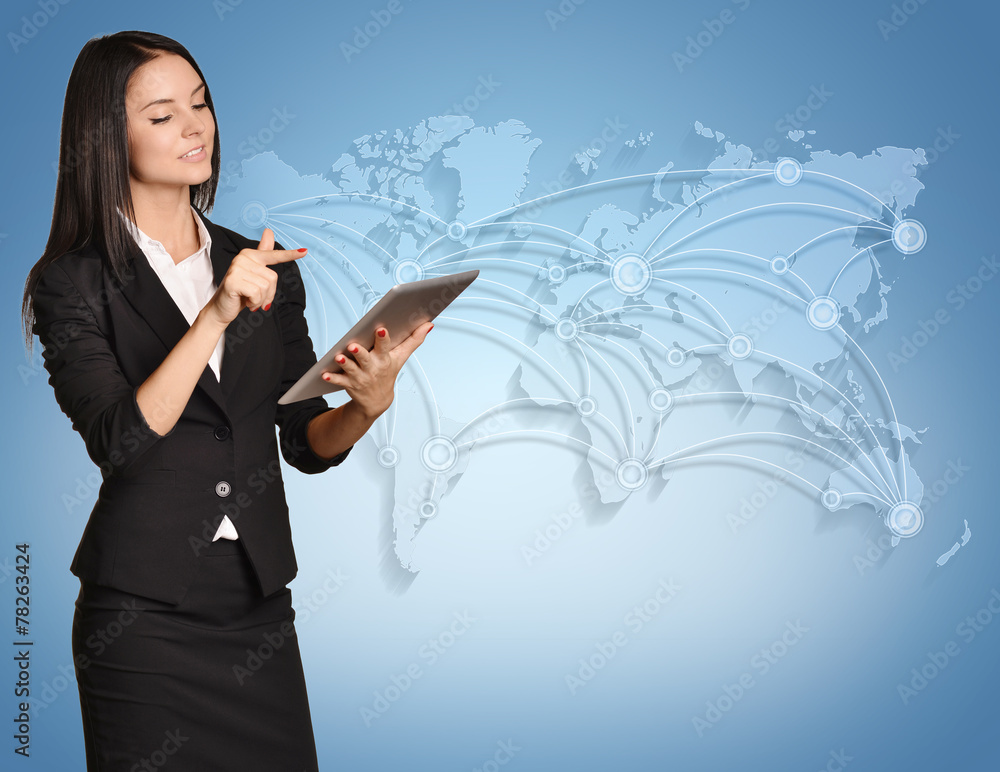 Business woman standing with tablet in hand on world map Business woman standing with tablet in hand on world map