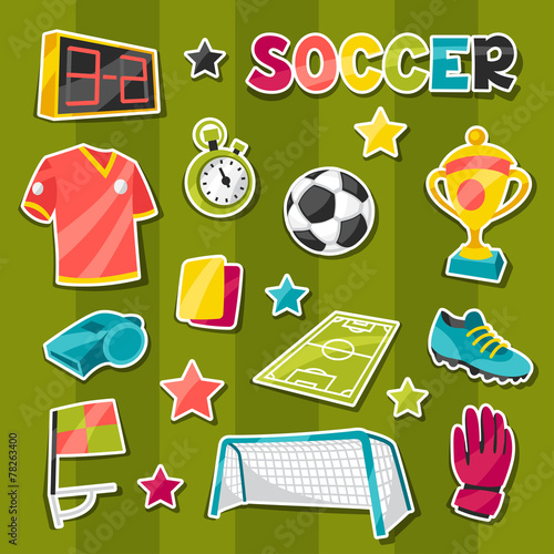 Set of sports soccer sticker symbols and icons.