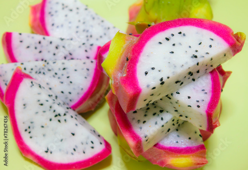 Close up of sliced Dragon fruit (Pitaya) on plate