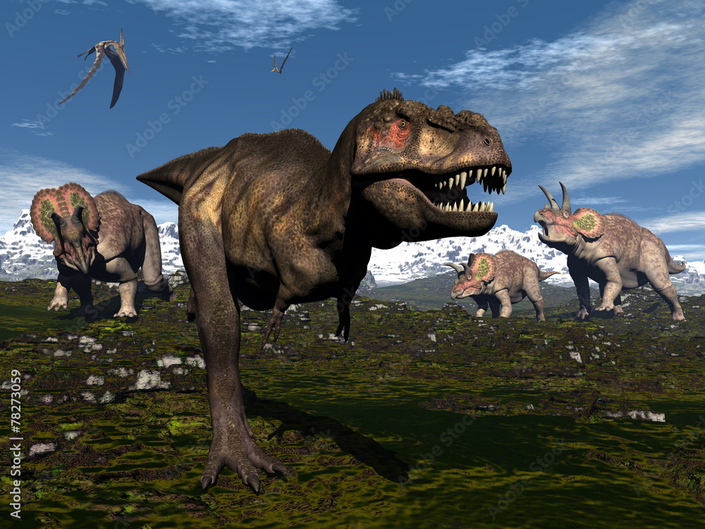Fototapeta premium Tyrannosaurus rex attacked by triceratops dinosaurs - 3D render