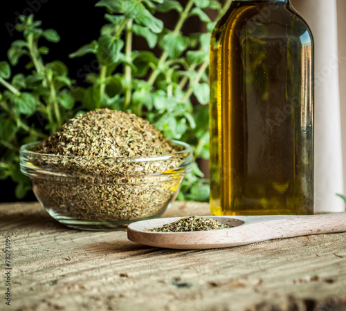 oregano spices and olive oil from greece photo