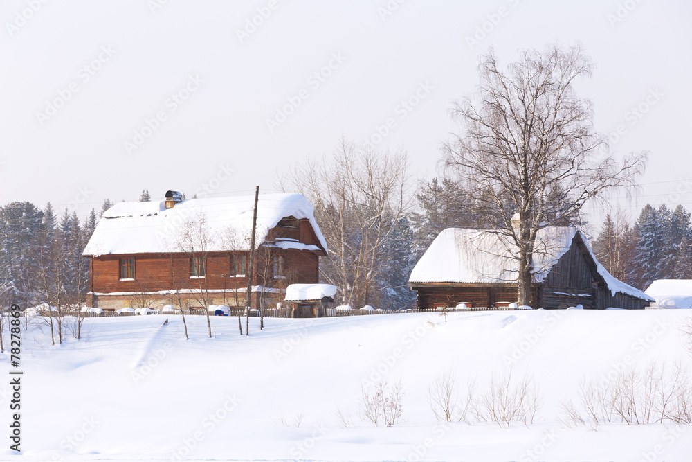 Wooden houses in the village in the winter