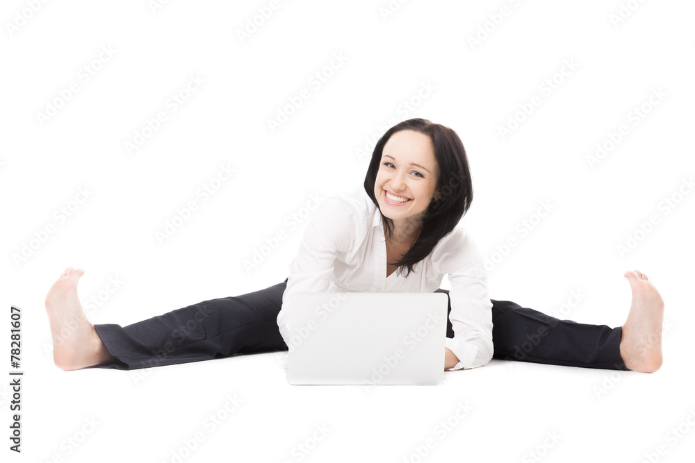 Cheerful office woman with laptop doing splits on white backgrou Cheerful office woman with laptop doing splits on white backgrou
