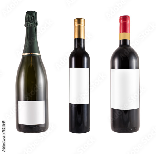 three bottles of red wine made of green glass and blank label photo