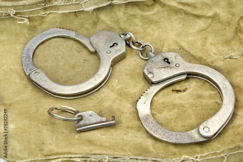 Handcuffs with Key On The  Camouflage Army  Bag or Fabric