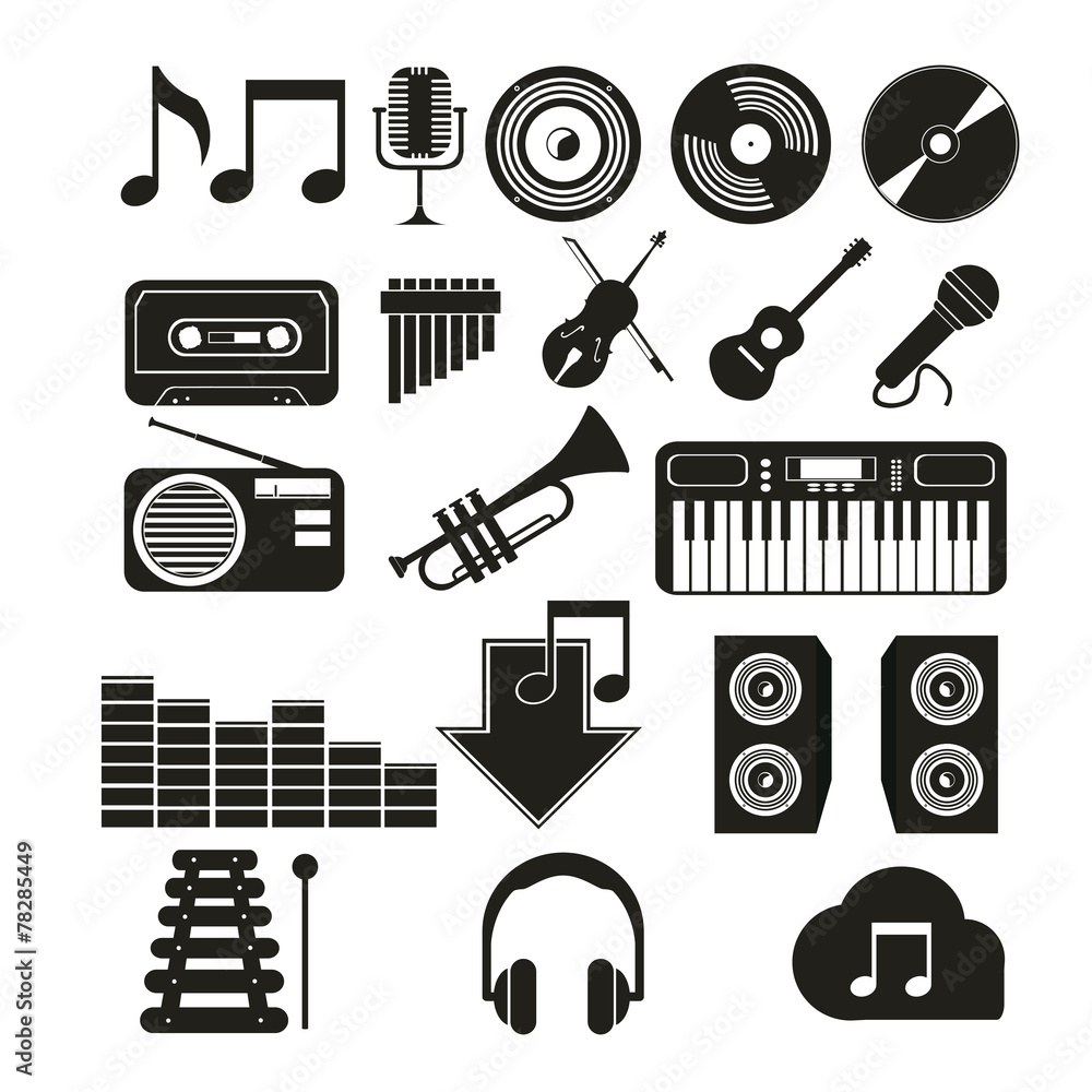 icons music set in black color over white color background icons music set in black color over white color background