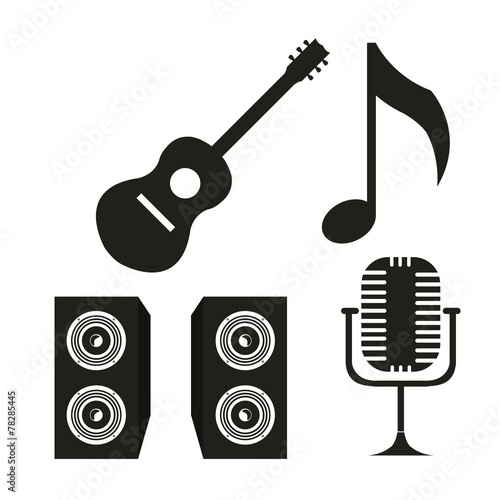 guitar, baffles and microphone over white color background